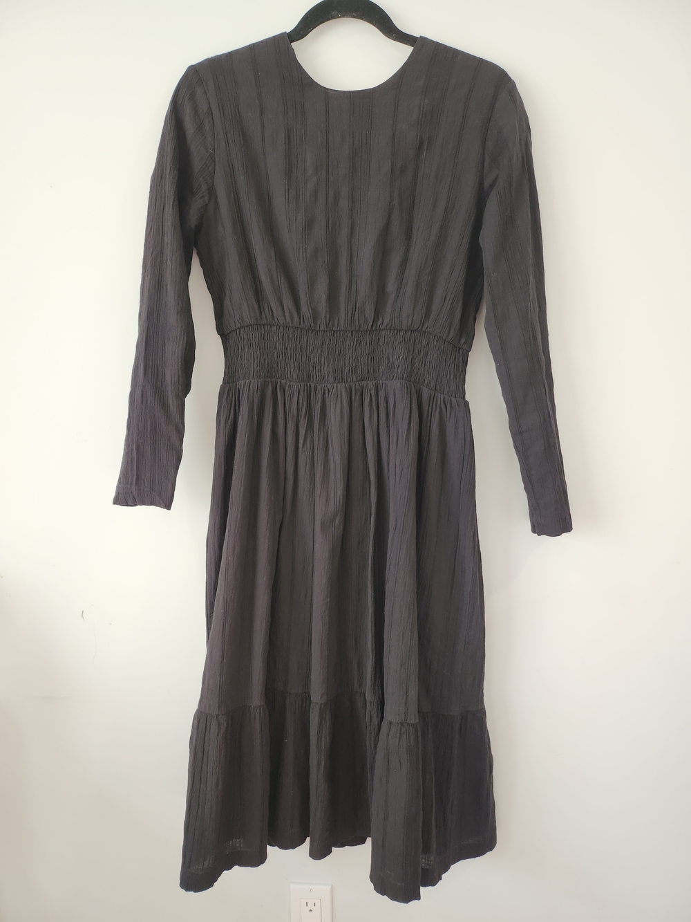 Black Long-Sleeve Smocked Waist Midi Dress